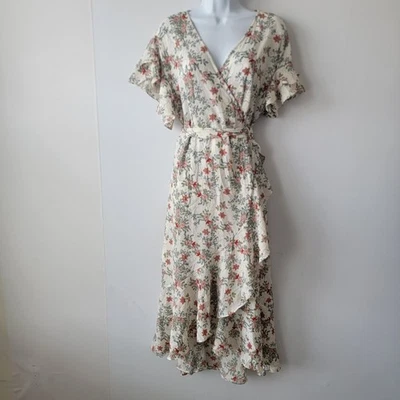 MAX STUDIO 女式褶皱绉纱高/低裹身迷笛连衣裙 L 码花卉短袖 — 第 1/4 张图片