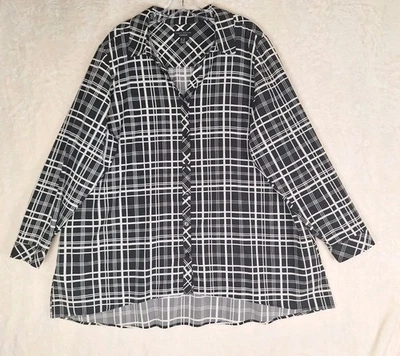 Top túnica Susan Graver fin de semana para mujer 2X negro a cuadros botones bolsillos delanteros cuello en V Foto 1 de 4