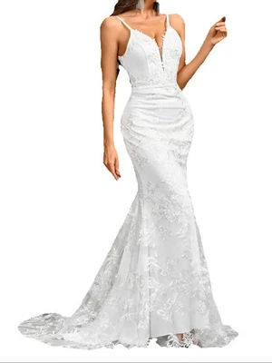 Elegant Appliques Backless Embroidery Wedding Dress Deep V Neck White Bride Gown - Image 1 of 4