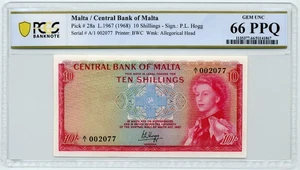 Malta, 1967 10 Shillings, Pick# 28a - PCGS GEM UNC 66 PPQ - Picture 1 of 2