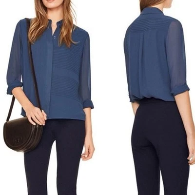 Tory Burch Top Mujer 12 Botones de Seda Frontal Pintuck Gasa Puerto Azul Largo Slv Foto 1 de 4