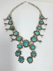 Vintage Native American Navajo Squash Blossom Necklace Signed 26" Long - Picture 1 of 15