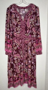 Susan Graver Dress Womens 1X Paisley Boho Long Sleeve Midi Pockets Stretch - Picture 1 of 14