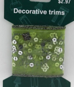 Green chiffon ribbon with silver stitching & sequins floral 1yard x 2.5"w NEW - Picture 1 of 2