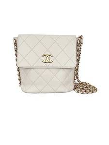 CHANEL Quilted Calfskin Chain Flap Hobo Small Ivory White Gold - Picture 1 of 16