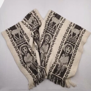 Mexican Poncho Womens One Size Cream Black Wool Southwestern Llama Peru Fringe - Picture 1 of 17