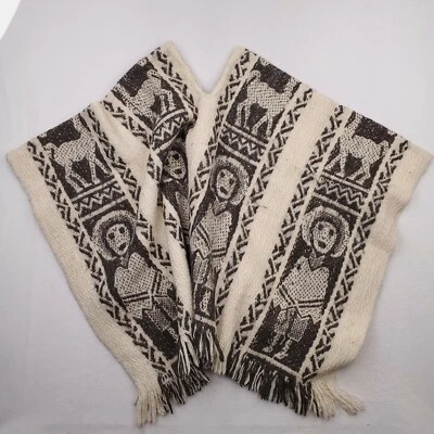 Mexican Poncho Womens One Size Cream Black Wool Southwestern Llama Peru Fringe - Image 1 of 4