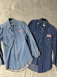 Vintage Denim Wrangler Pearl Snap Langarm Hemd 14 1/2 x 32 USA Patch Silber - Bild 1 von 14