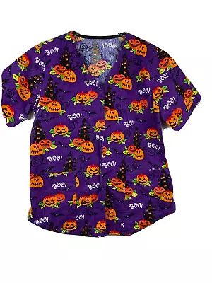 Blusa esfoliante Halloween tamanho S laranja roxo abóboras Boo Snap frontal manga curta - Imagem 1 de 4