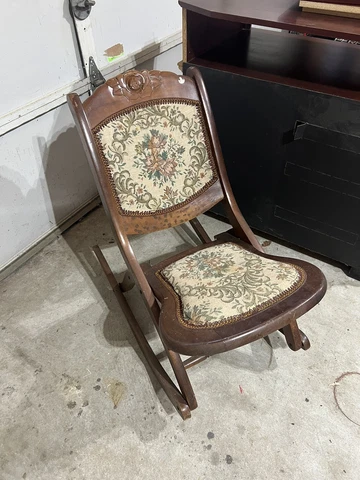 Vintage Antique Victorian Tapestry Carved Wood Folding Rocker Rocking Chair Cover