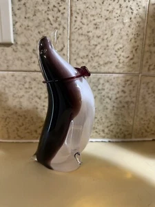 Vintage Dark Purple & White Murano Glass Penguin with Bow Tie 7" Gold Fleck Beak - Picture 1 of 5