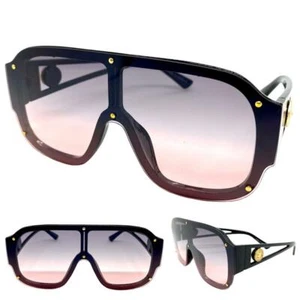 Mens Women Oversized Modern Retro Shield SUN GLASSES Large Black Frame Flat Lens - Picture 1 of 6