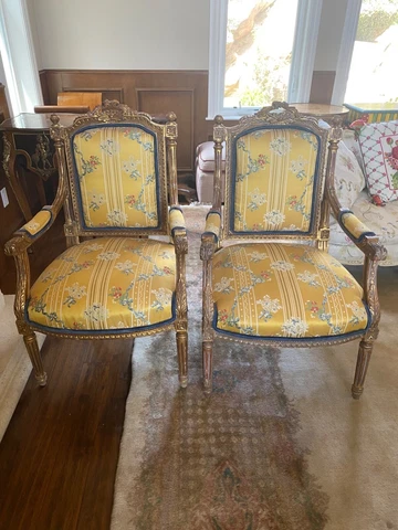 2 Yellow/gold silk print with blue velvet back and trim with speckled gold leaf Cover