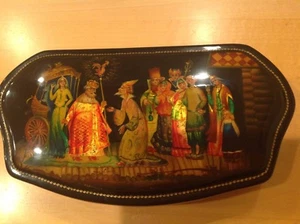 VINTAGE RUSSIAN FEDOSKINO LACQUER BOX W/MOTHER OF PEARL "GOLDEN COCKEREL" - Picture 1 of 9