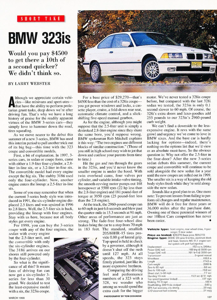 1998 BMW 323is Coupe Car Print Article J329 Foto 1 de 1