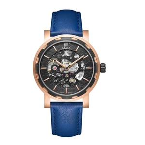 PUNCH Men's Rose Gold & Black Automatic Skeleton Watch - Blue Leather Strap - Picture 1 of 9