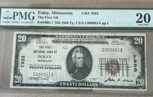 1929 $20 National Bank Note. Foley Minnesota. #7933. PMG Very Fine 20, Rare. - Picture 1 of 3