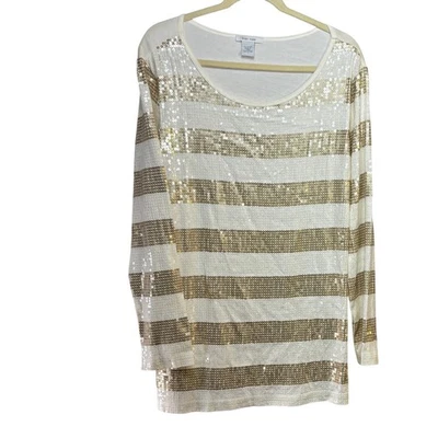 Blusa túnica top camiseta Joan Vass L/S mezcla de algodón lentejuelas crema para mujer talla 2 Foto 1 de 4