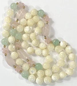 Gemstone Necklace Beaded Rose Green Quartz White Argonite 30 inch Length Vintage - Picture 1 of 14