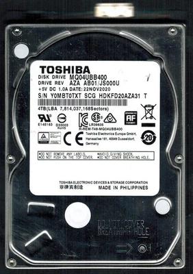 MQ04UBB400 HDKFD20AZA31 T Rev:AZA AB01/JS000U 4 TB NOV 2020 FILIPINAS TOSHIBA Foto 1 de 3