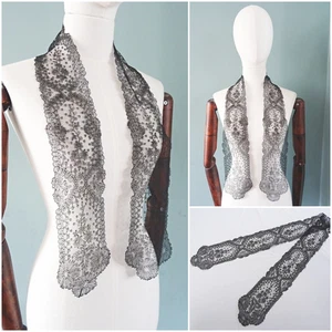 Antico scialle pizzo Chantilly lappets stola vittoriana nero donna floreale c1860 - Foto 1 di 16