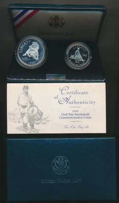 USA: 1995 $1 & 50c Proof 900 Silver Coin Set Civil War Battlefield Commemorative - Image 1 of 2