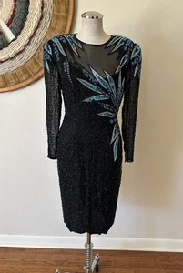 Vintage 90s AJ Bari black Beaded Sequin Silk Dress Glamour Holiday Woman's 6 - Picture 1 of 10