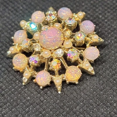 Vintage Lisner Iridescent Cabochon Rhinestone Starburst Brooch Pendant READ - Image 1 of 4