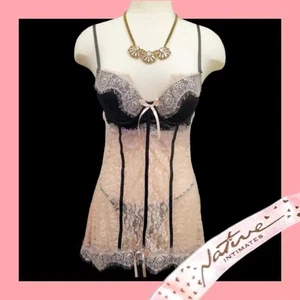 NATIVE INTIMATES Pale Pink & Black BABYDOLL & THONG 36C Large COQUETTE Vixen - Picture 1 of 14