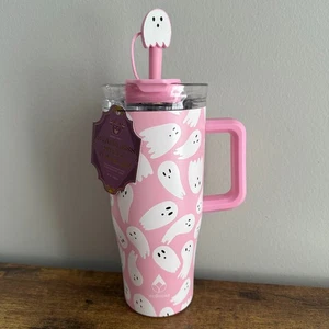 New Double Wall Stainless Steel 30 Oz Tumbler Pink Ghost Spooky Straw Topper Cut - Picture 1 of 4