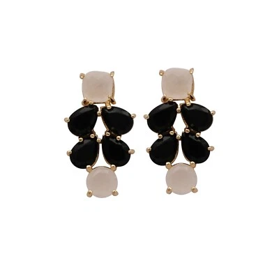 Dainty White Moonstone & Black Onyx Gemstone Pair, Prong Set Hook Earring - Image 1 of 3