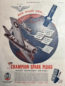 1944 Champion Spark Plugs Segunda Guerra Mundial When Hellcats Strike avión de combate de colección anuncio impreso - Imagen 1 de 1