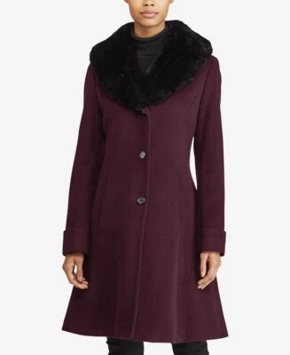 $355 Abrigo Ralph Lauren Negro Piel Sintética-Cuello Para Mujer Talla 10 Mezcla de Lana Foto 1 de 4