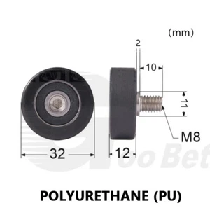 32mm Polyurethane Molded Ball Bearing PU Roller Coated Guide Wheel M8*10mm Screw - Picture 1 of 1