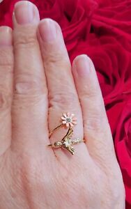 Hummingbird Ring With Pink Enamel Flower Flower