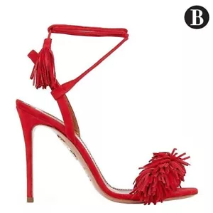 Aquazzura Red Fringe Suede Wrap Around Sandal High Heels - Picture 1 of 5