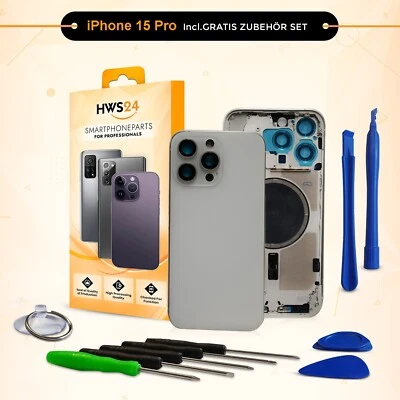 HWS24 Backcover für iPhone 15 Pro Weiß Gehäuse Rahmen Rückseite Glas Frame Housing