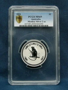 2004 2 OZ. SILVER AUSTRALIAN LUNAR YEAR OF THE MONKEY PCGS MS69 - GOLD SHIELD - Picture 1 of 2