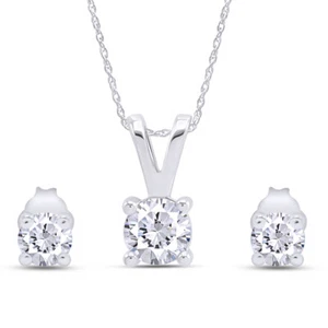 1/2ct Natural Round Diamond Solitaire 18" Necklace & Stud Earrings Set 14K Gold - Picture 1 of 10