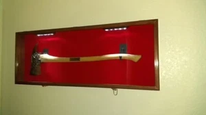 Axe Display Case Walnut LED Light Firefighter Fireman Badge Medal Wood Cabinet - Picture 1 of 10