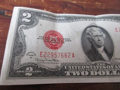 1928G $2 BILL- TRIM ERROR- VERY NARROW TOP BORDER-RED SEAL - Image 1 of 4