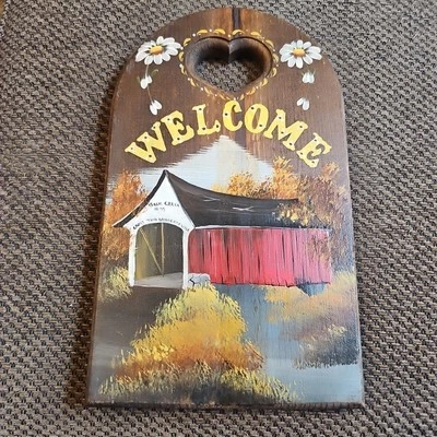 Hand Painted Welcome Wooden Sign Covered Bridge 12"x7" Billie Creek 1895 - Image 1 of 4