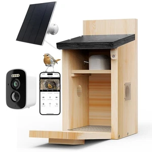 Solar Bird House with Camera, 1080P HD Wooden Smart Birdnest Solar Powered, W... - Foto 1 di 8