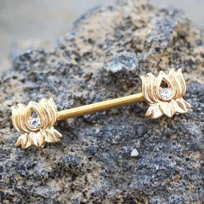 PAR de barra de pezón de flor de loto chapada en oro Foto 1 de 3