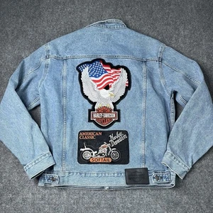 vtg Harley Davidson denim trucker jean jacket mens L 1990s button up coat Biker - Picture 1 of 5