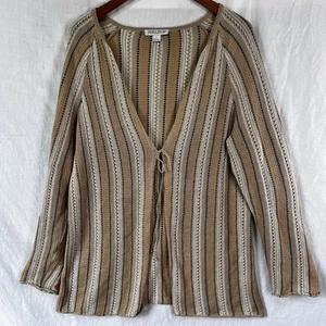 Pendleton Womens Large Cotton Linen Cardigan Striped Beige Perforated Long Top - Picture 1 of 24