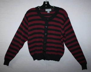 Vintage M & K 100% Wool Button Up Sweater Blue Black Striped Size Large - Picture 1 of 12
