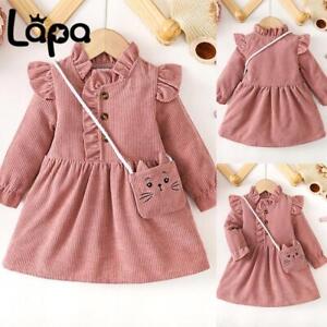Newborn Baby Girls Corduroy  Ruffle Ribbed Dress Bag Party Clothes Outfits Set