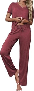 Ekouaer Women's Pajamas Set Soft 2 Piece Lounge Sets V-neck Medium, Wine Red - Picture 1 of 7