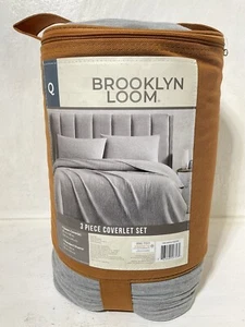 Brooklyn Loom 3 Piece Coverlet Set. Gray, Ribbed Comforter Blanket , Queen Size